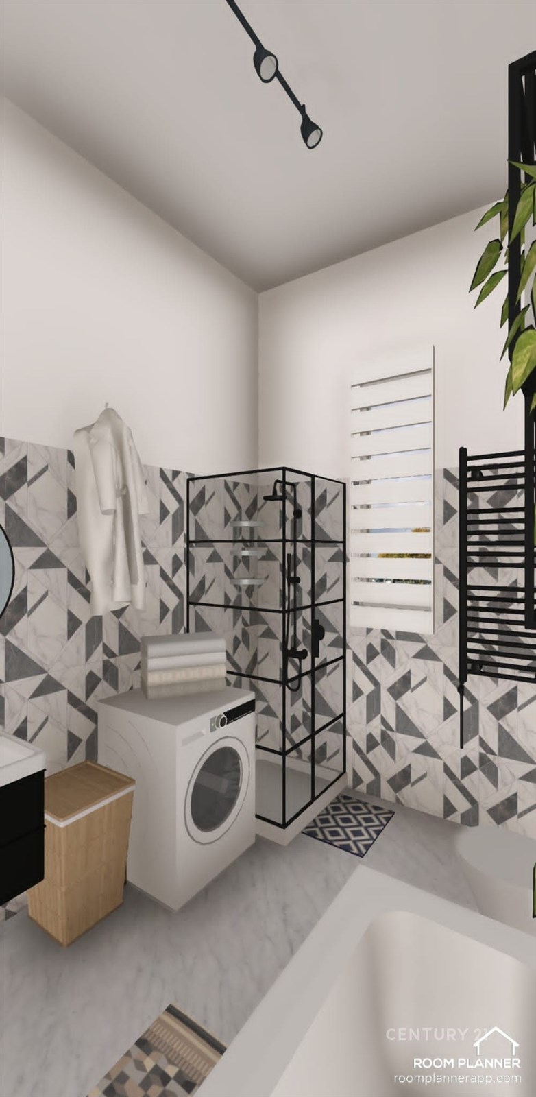 Moderní koupelna s geometrickou dlažbou, sprchovým