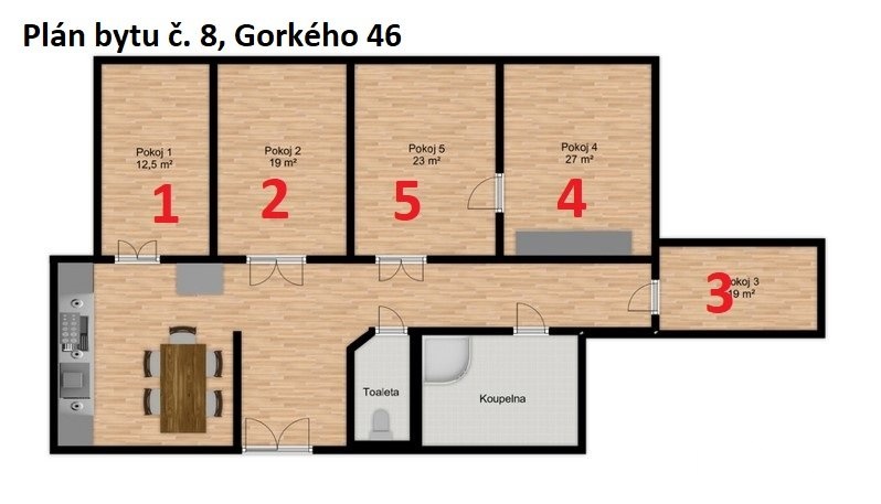 Půdorys Gorkého 08 - čísla pokojů