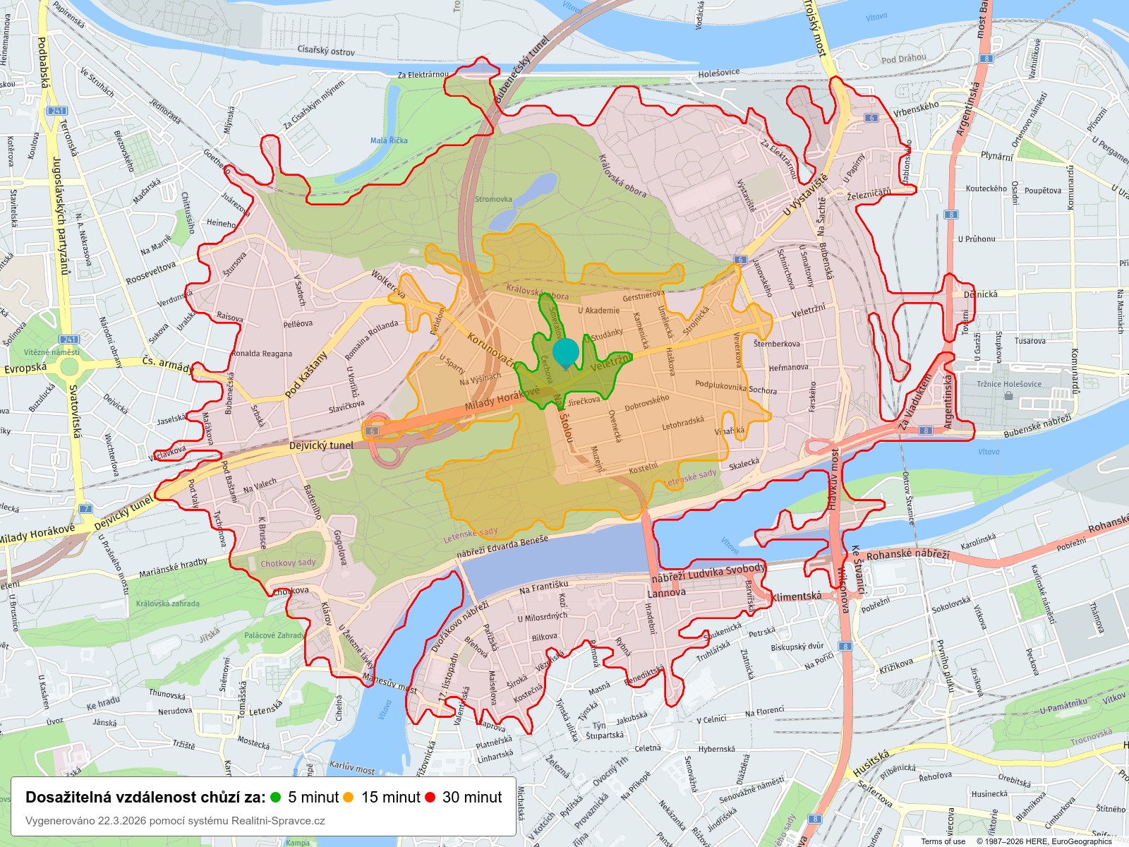 Dosažitelná vzdálenost: chůze