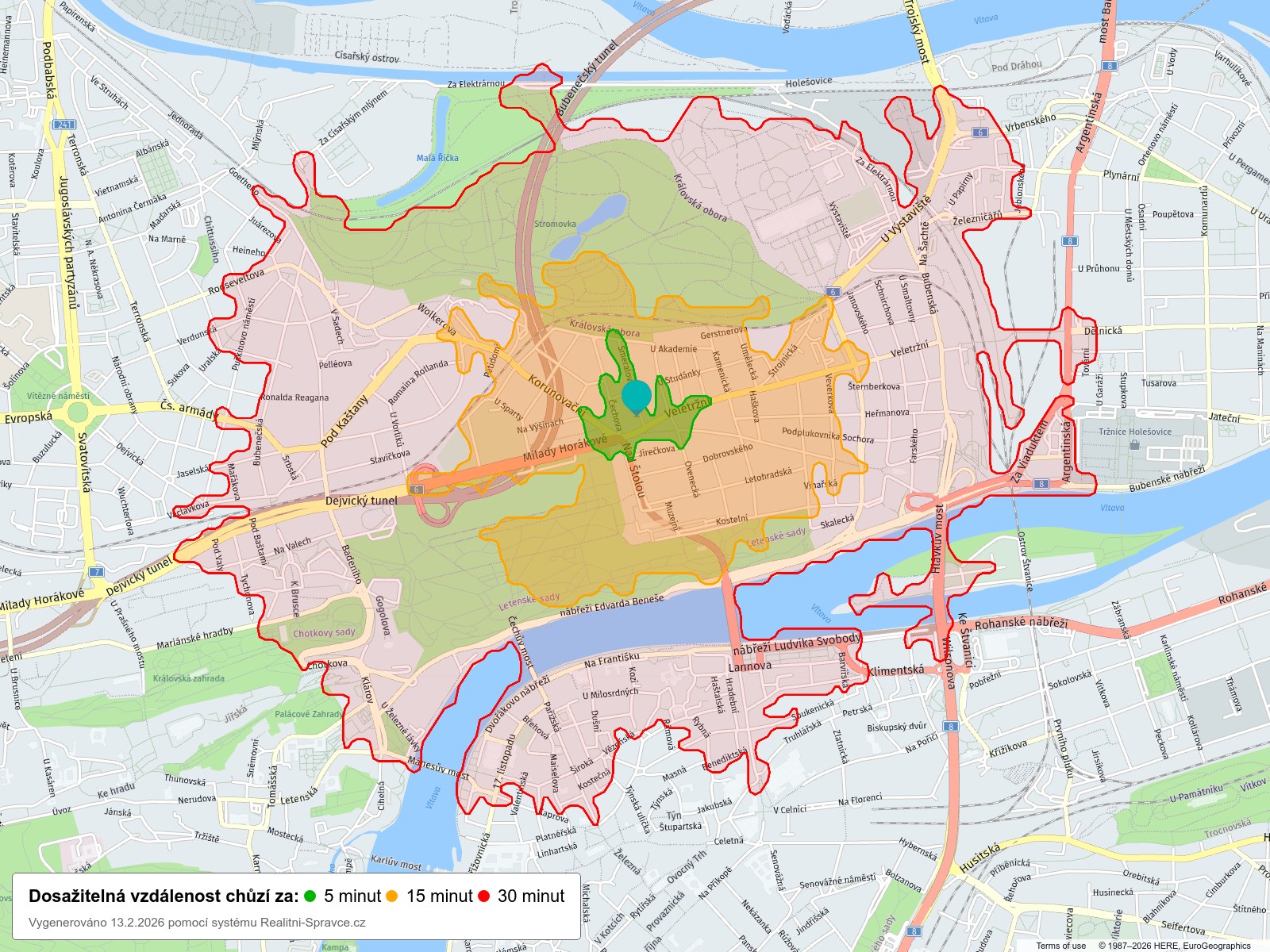 Dosažitelná vzdálenost: chůze