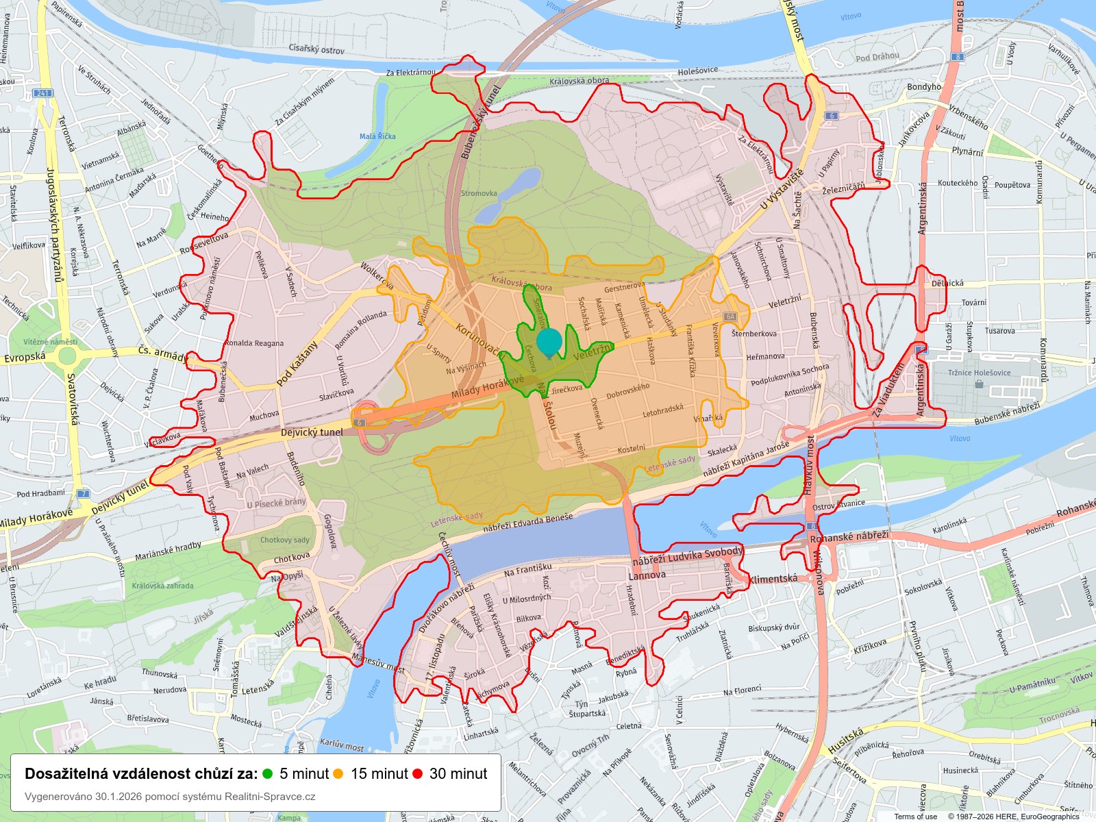 Dosažitelná vzdálenost: chůze