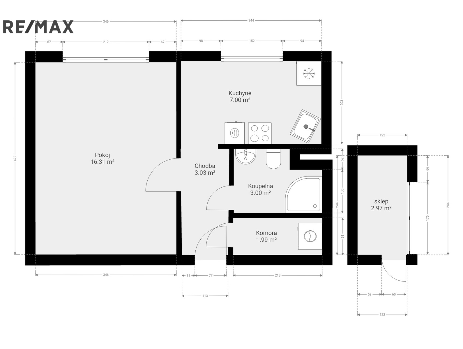 3b. 2D půdorys bytu s výměrami