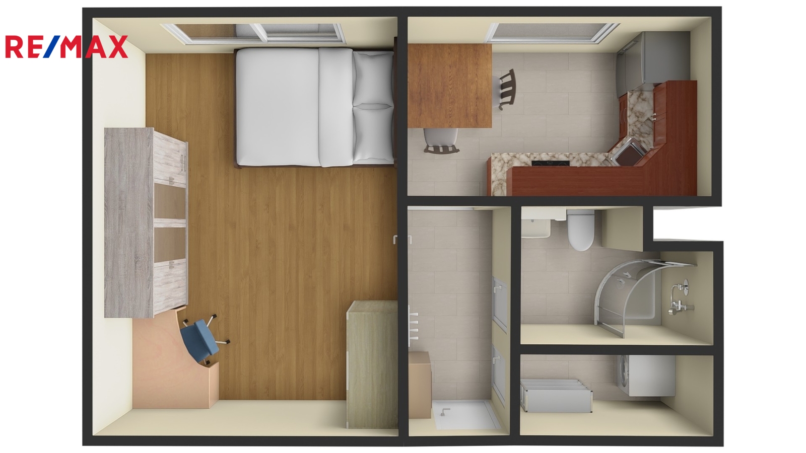 3a. 3D půdorys bytu s nábytkem a vybavením