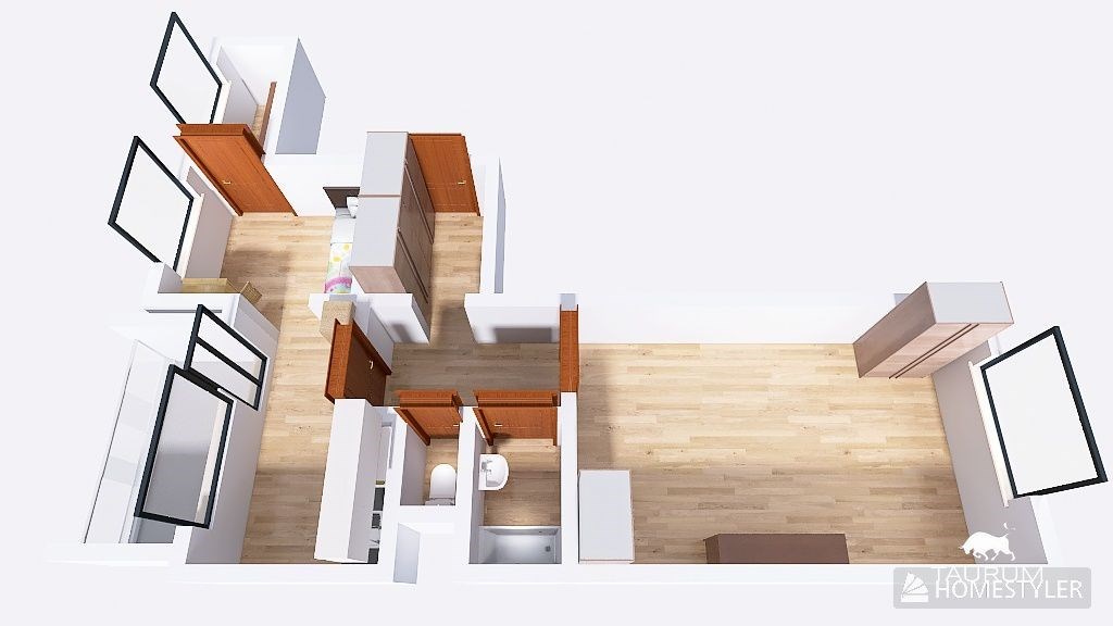 Prostorná kuchyň s parketovou podlahou, velká okna zajišťující světlost, vedle ní praktická vstupní hala s moderním designem.