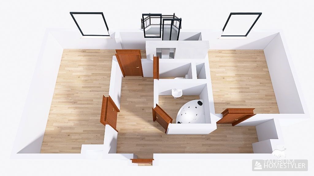 Půdorys bytu s parketovou podlahou, moderní koupel