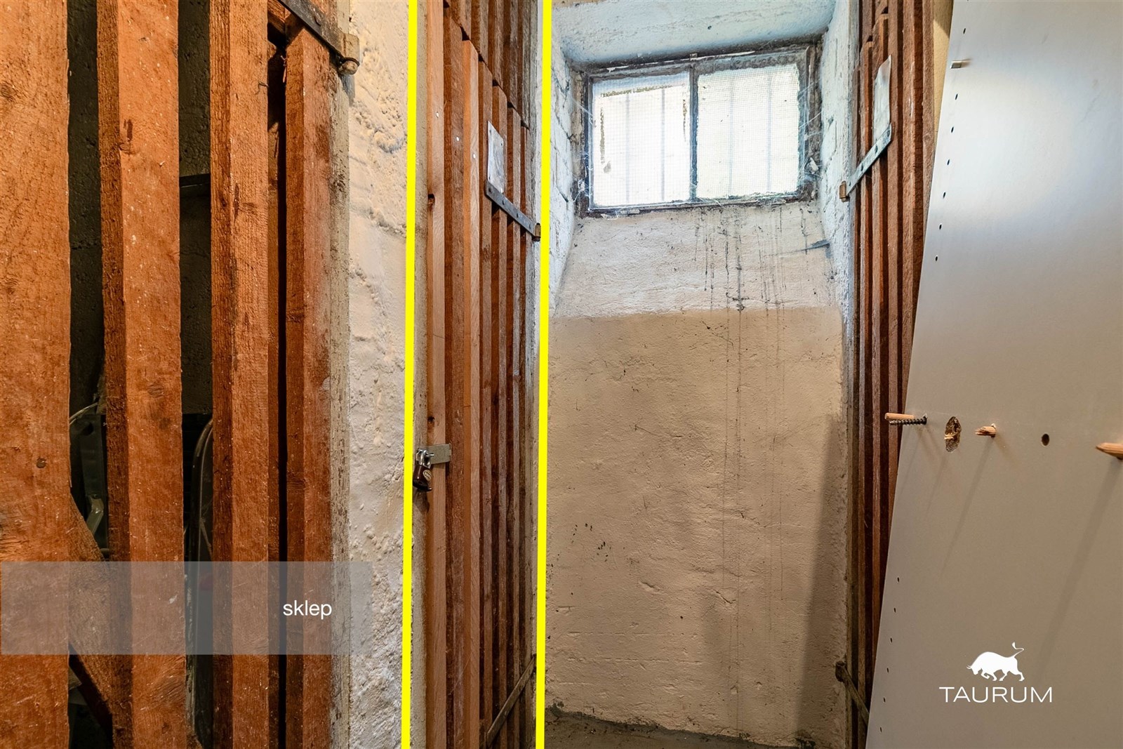 Sklepní prostor s betonovou podlahou, dřevěnými př