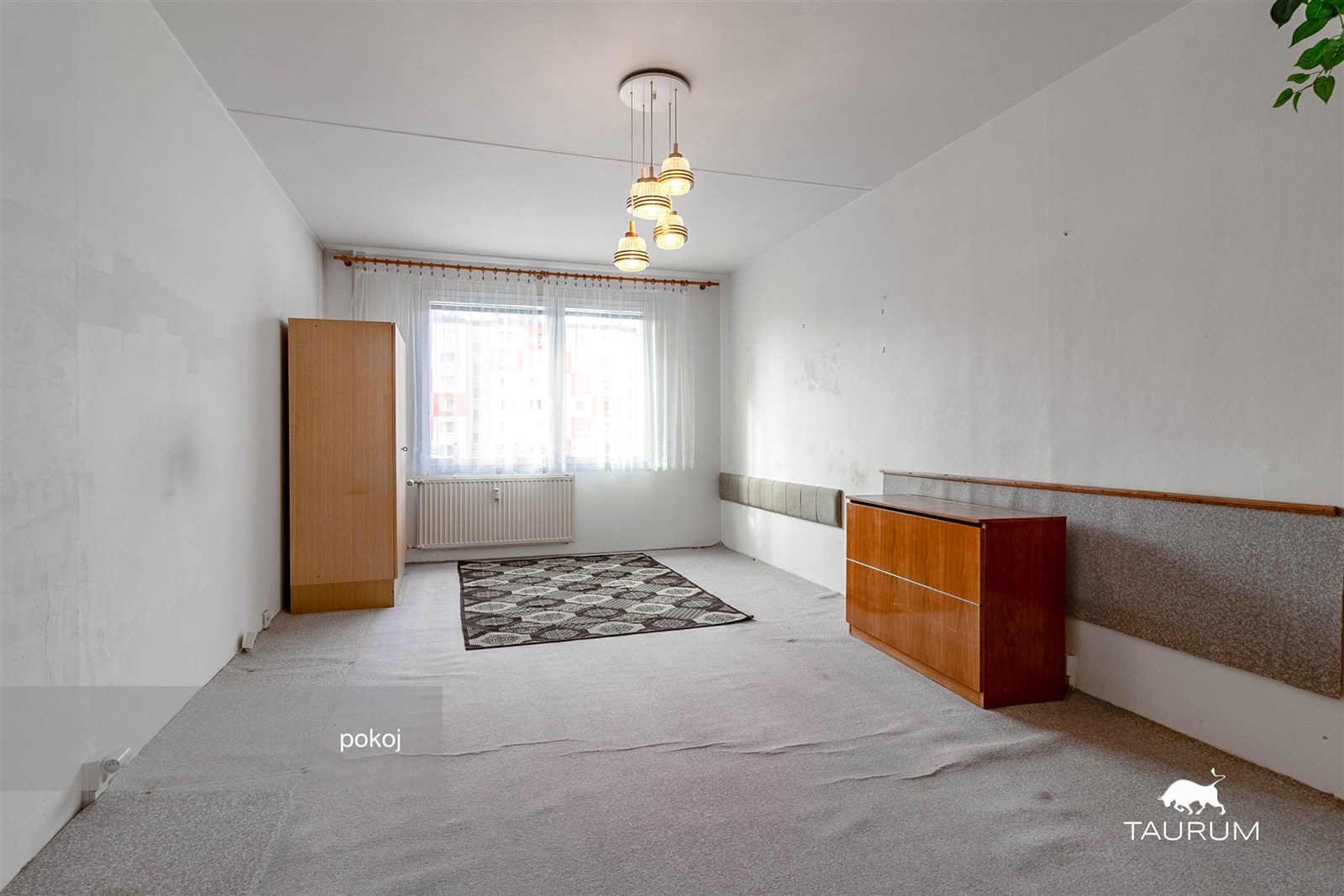 Prostorný pokoj s kobercovou podlahou, velká okna zajišťující dostatek světla, jednoduchý nábytek, klasický styl.