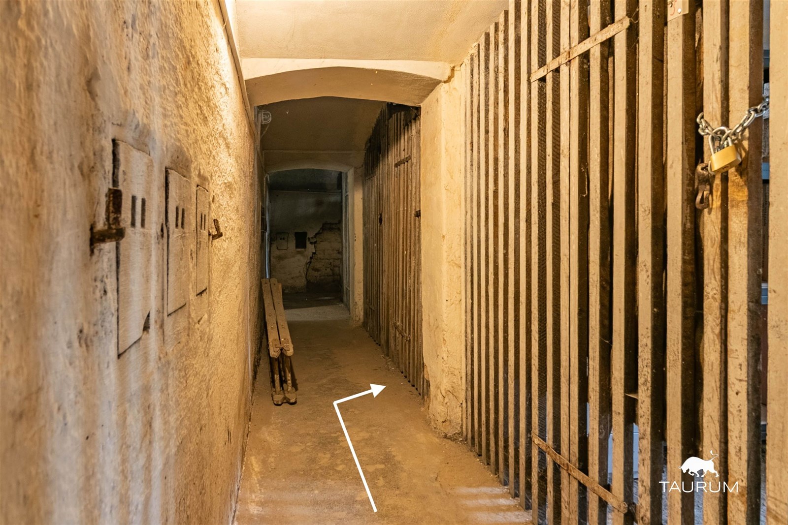 Úzká chodba se starými dřevěnými a kamennými prvky, cihlové zdi s omítkou, historická atmosféra, vhodná pro sklepení nebo úložný prostor.