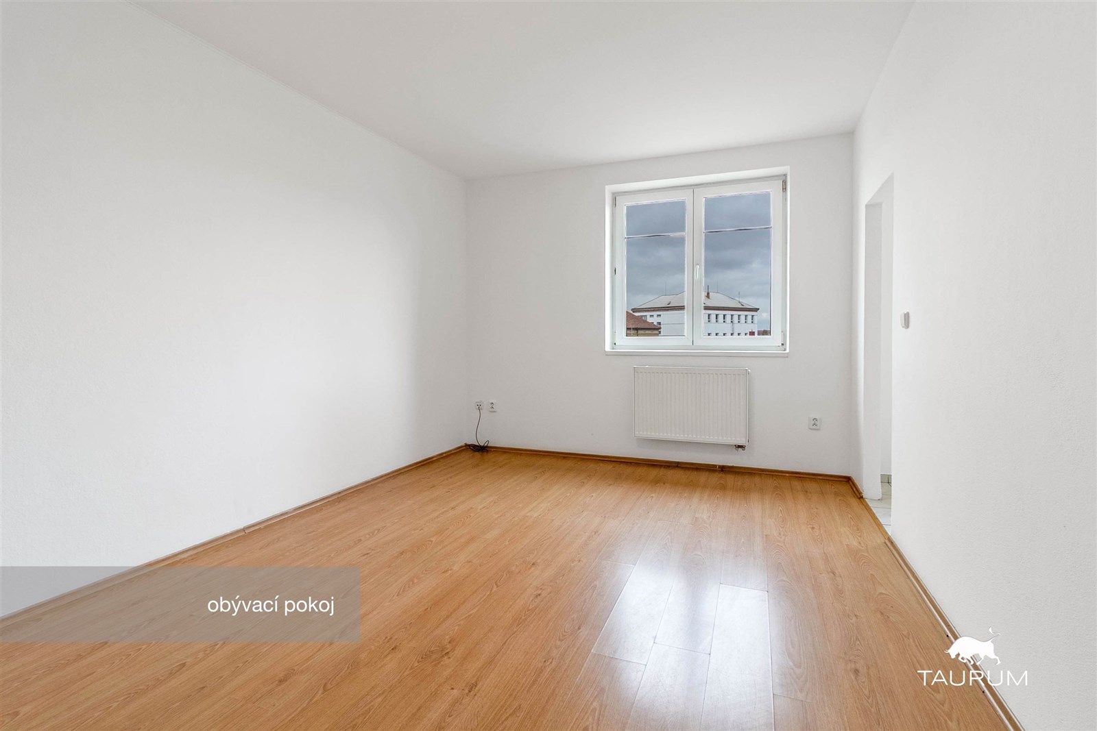 Světlý obývací pokoj s dřevěnou podlahou, velkými 