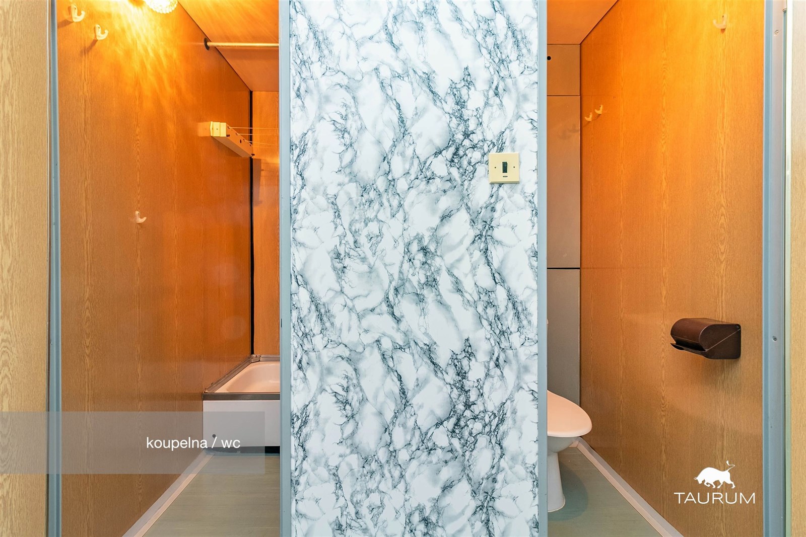 Koupelna s vanou a WC, dřevěné obložení, mramorový dekor na stěně, světlé osvětlení, dobře udržovaný stav