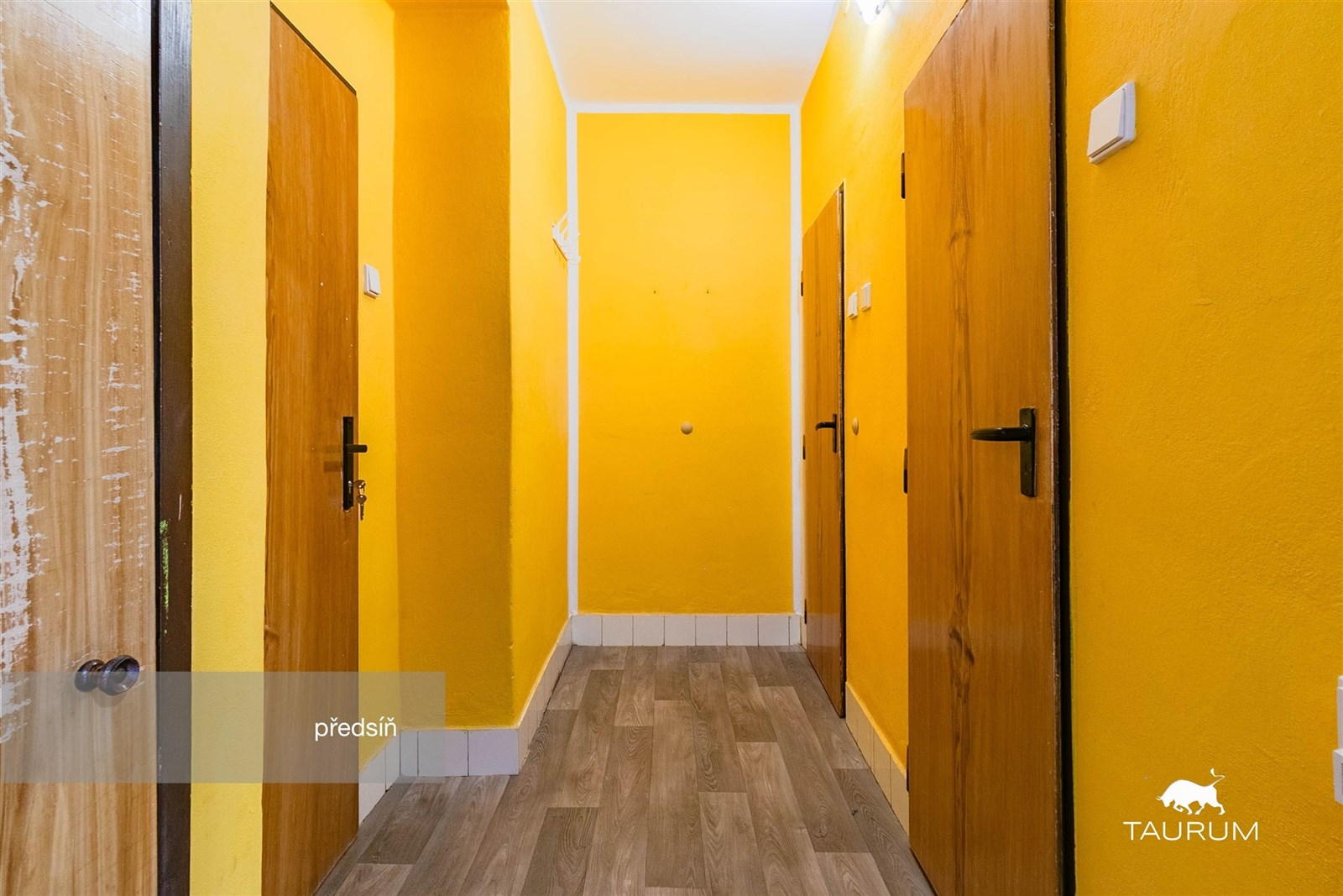 Předsíň s dřevěnými dveřmi, laminátová podlaha, sv