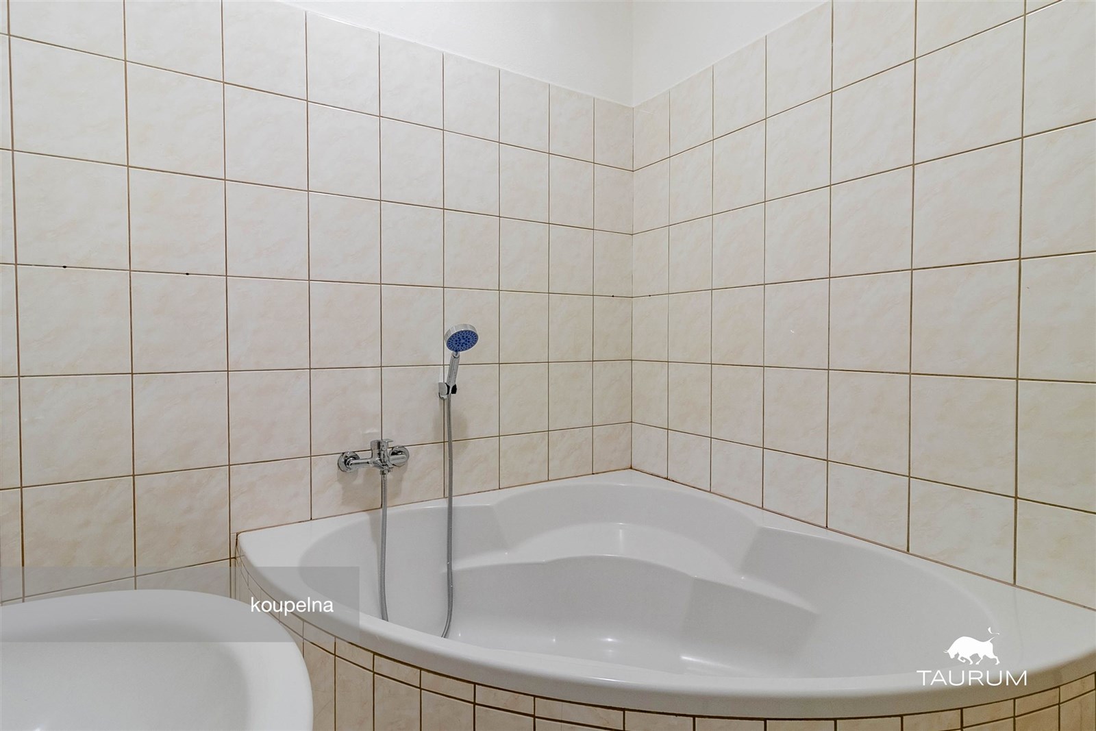 Rohová koupelna s dlažbou, rohová vana a bílá kera