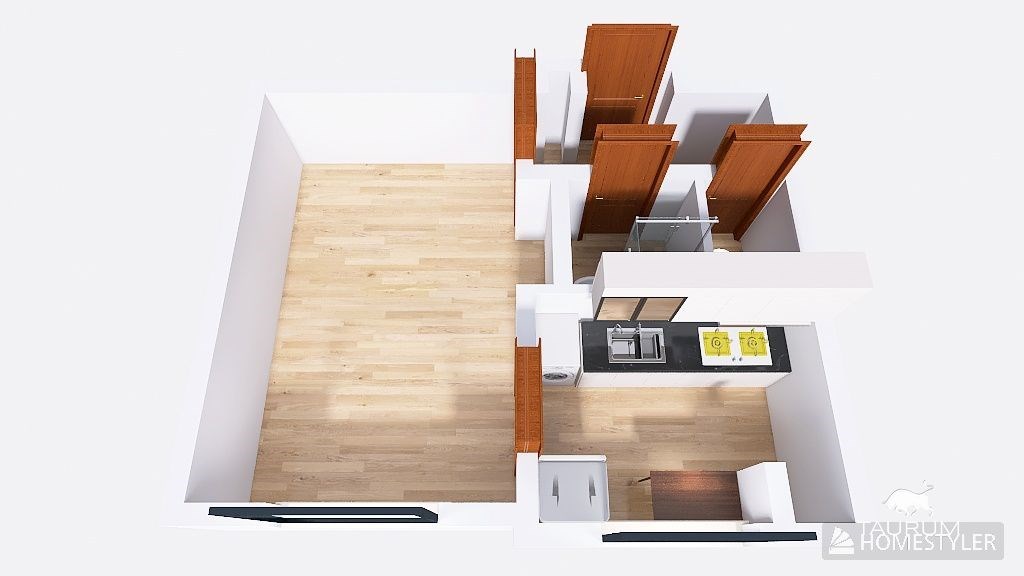 Prázdný pokoj s parketovou podlahou, sousedící s m