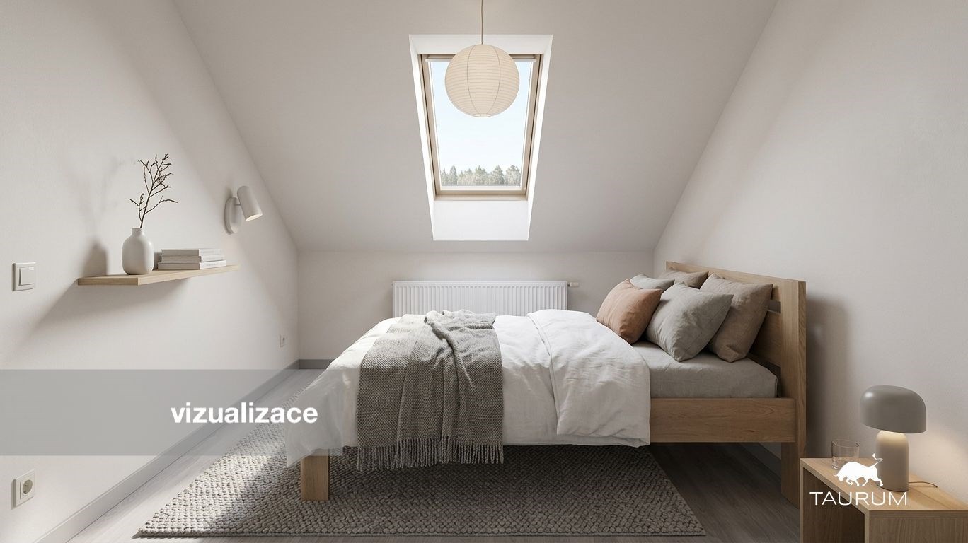 Podkrovní ložnice s dřevěnou podlahou, střešním ok