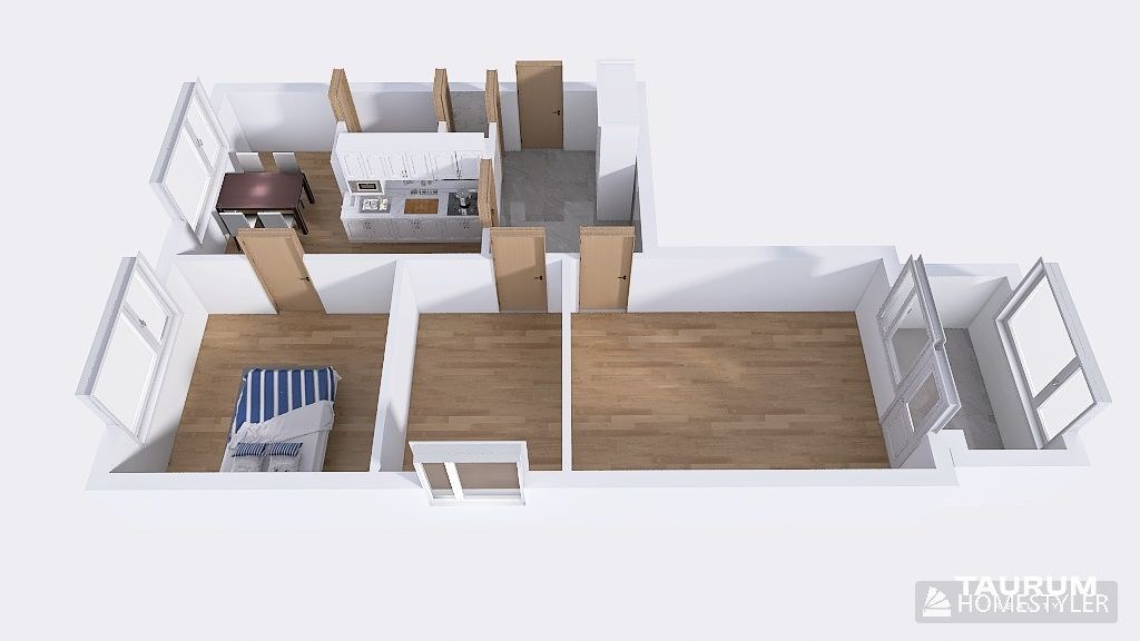 Půdorys bytu s moderní kuchyní, dřevěnou podlahou a velkými okny; světlé prostory ideální pro rodinné bydlení.