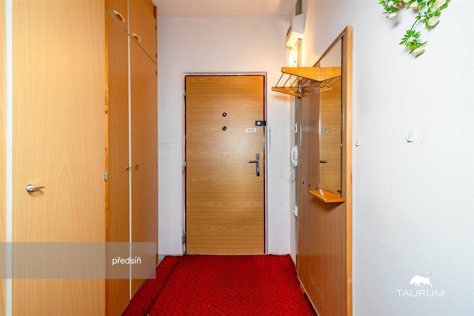 Předsíň s dřevěným obložením, vestavěné skříně, červený koberec, jednoduché osvětlení, bílá výmalba, zrcadlo na stěně