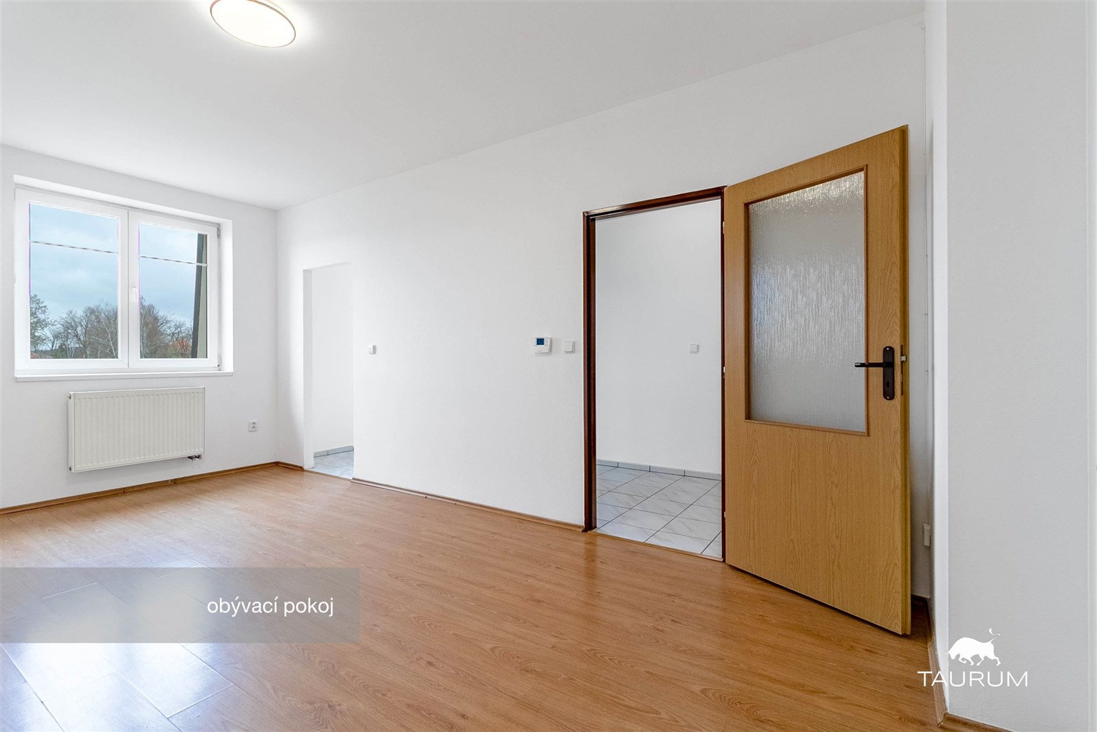 Světlý obývací pokoj s parketovou podlahou, velká 