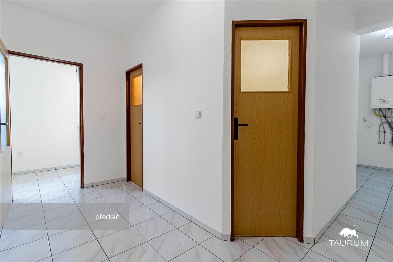 Předsíň s dlažbou a bílými stěnami, vede do několi