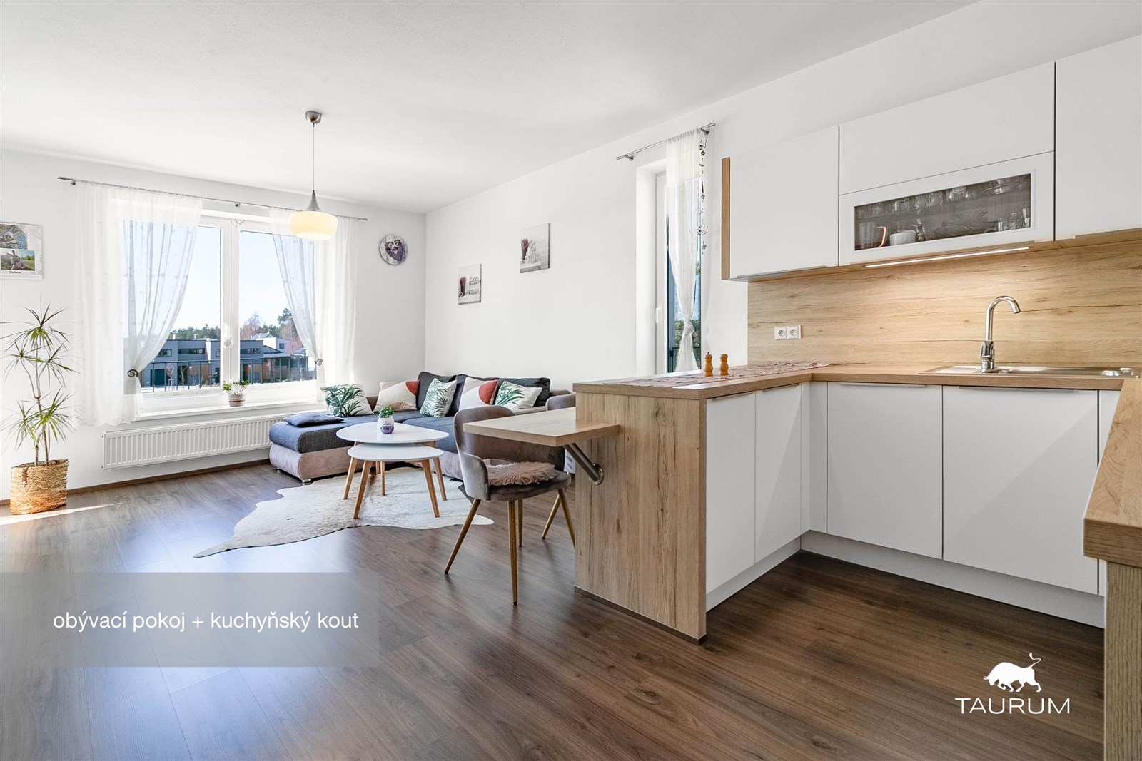 Světlý obývací pokoj s kuchyňským koutem, parketová podlaha, velká okna, moderní dřevěné povrchy, pohodlný a elegantní prostor.