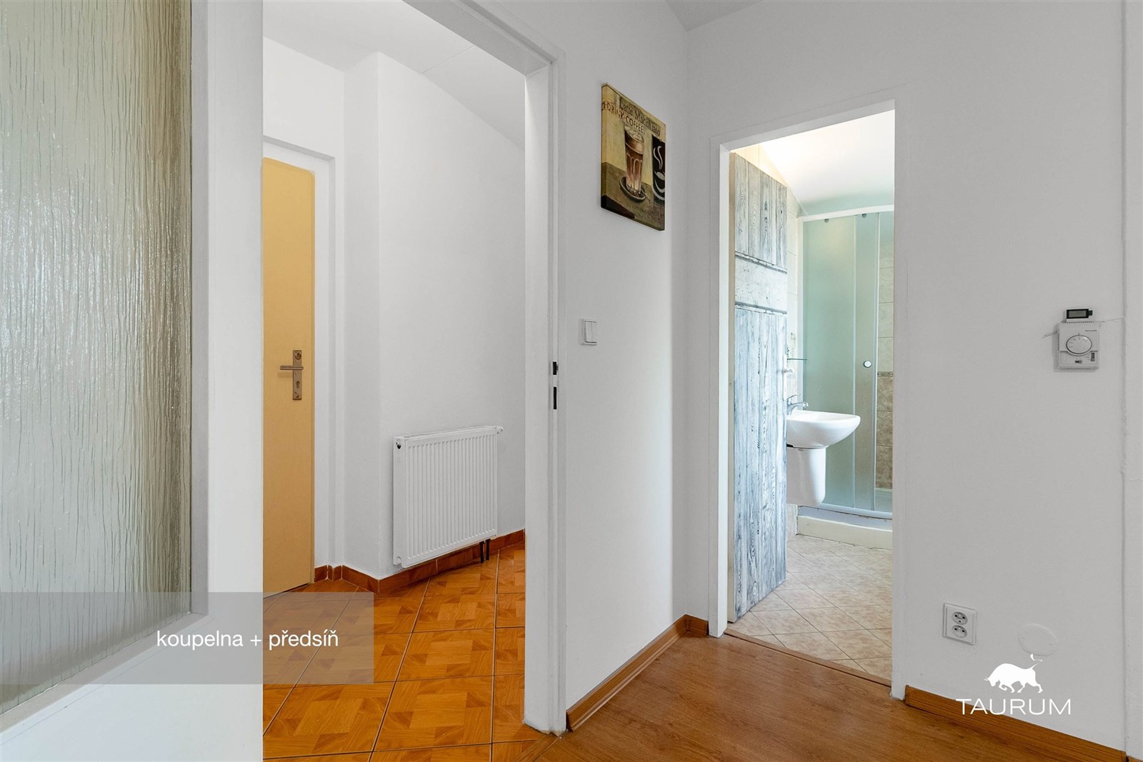 Prostorná předsíň s parketovou podlahou a dlažbou,