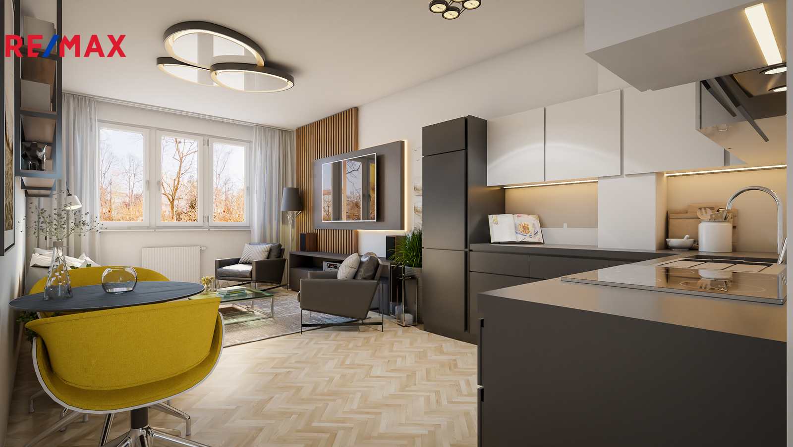 vizualizace obývací pokoj s kuchyňským koutem