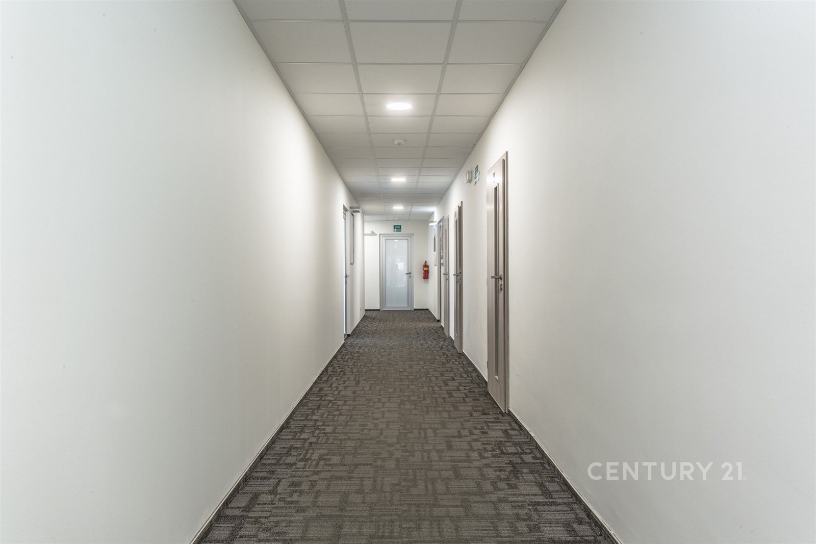 Úzká chodba s kobercem, bílými stěnami a moderním 