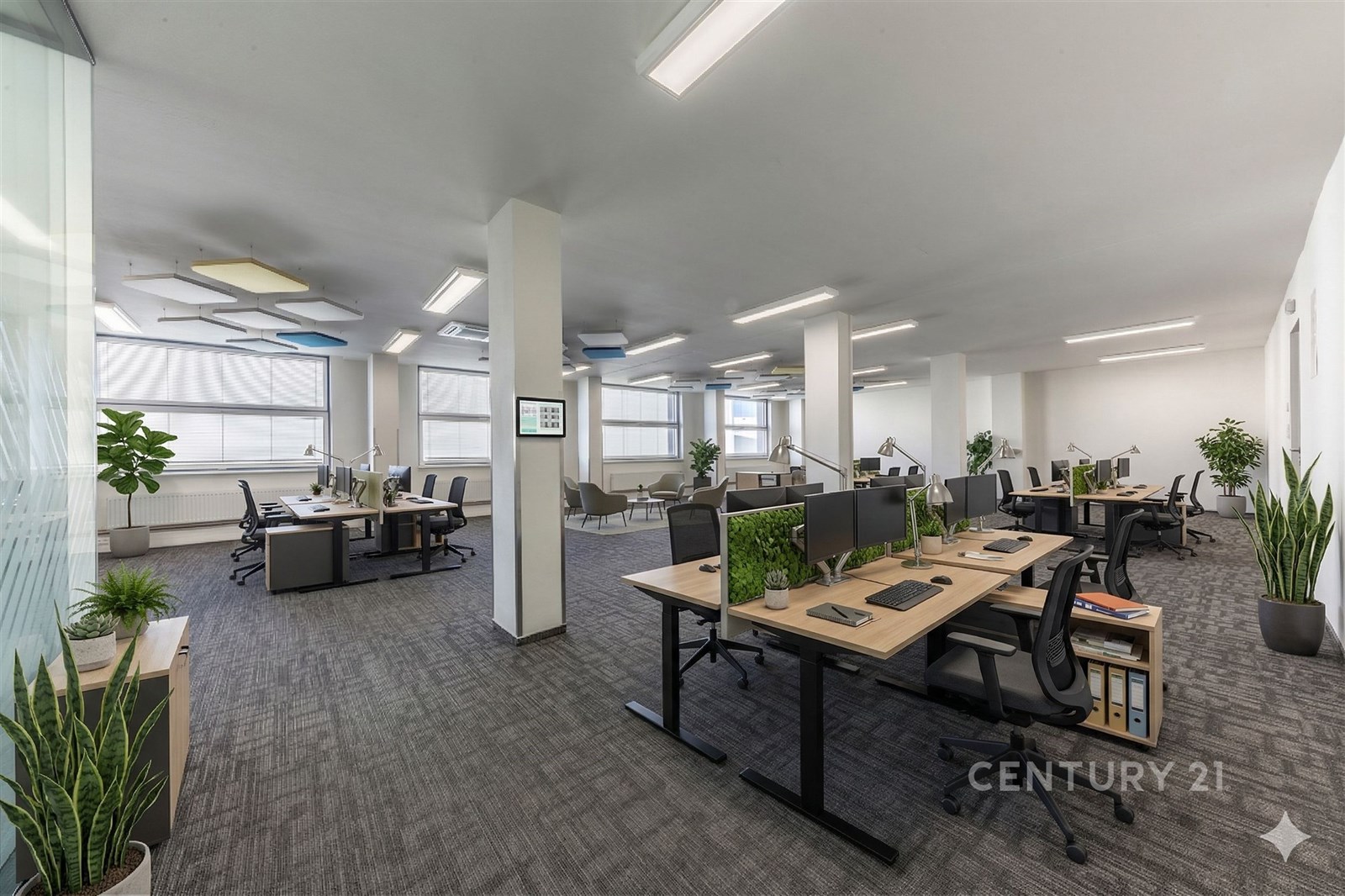 Moderní otevřená kancelář, světla zářivková osvětl