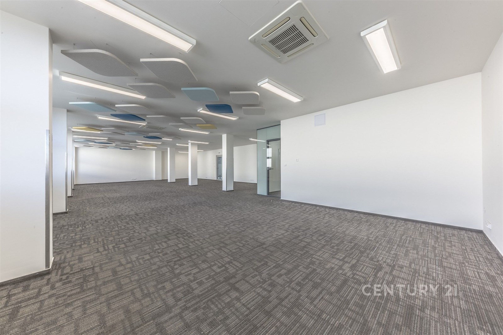 Prázdný kancelářský prostor s moderním kobercem, v