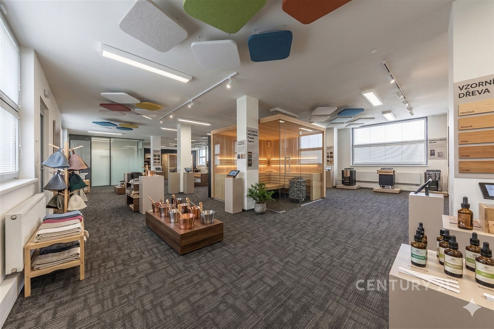 Velká komerční místnost s moderním kobercem, prosk