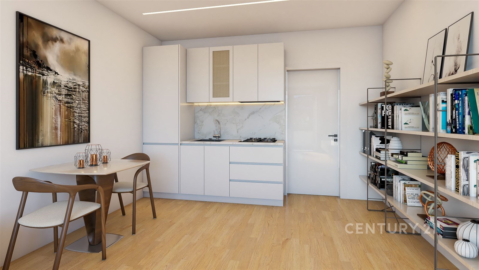 Kuchyňský kout s moderními skříňkami, parketovou p