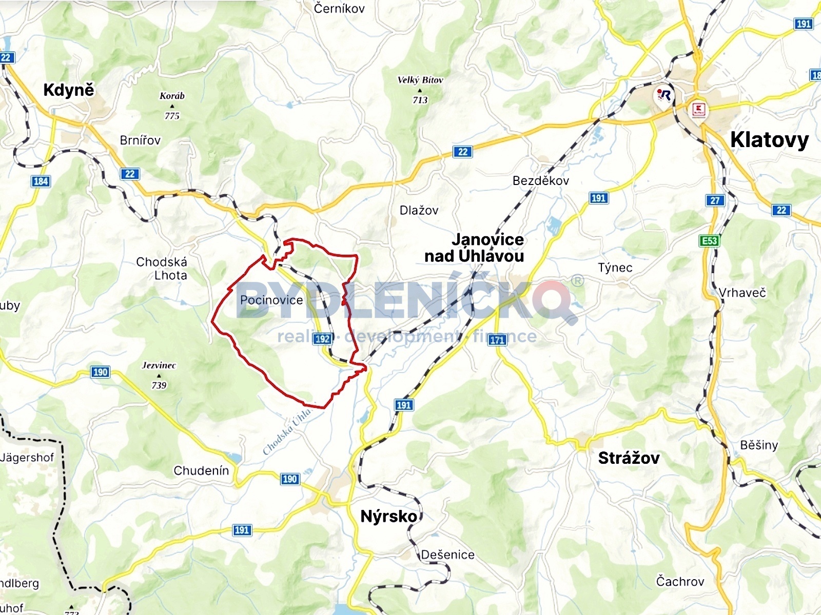 Prodej stavebního pozemku pro 4 RD, 4 372m2, Pocinovice, okr. Domažlice - Plzeňský kraj