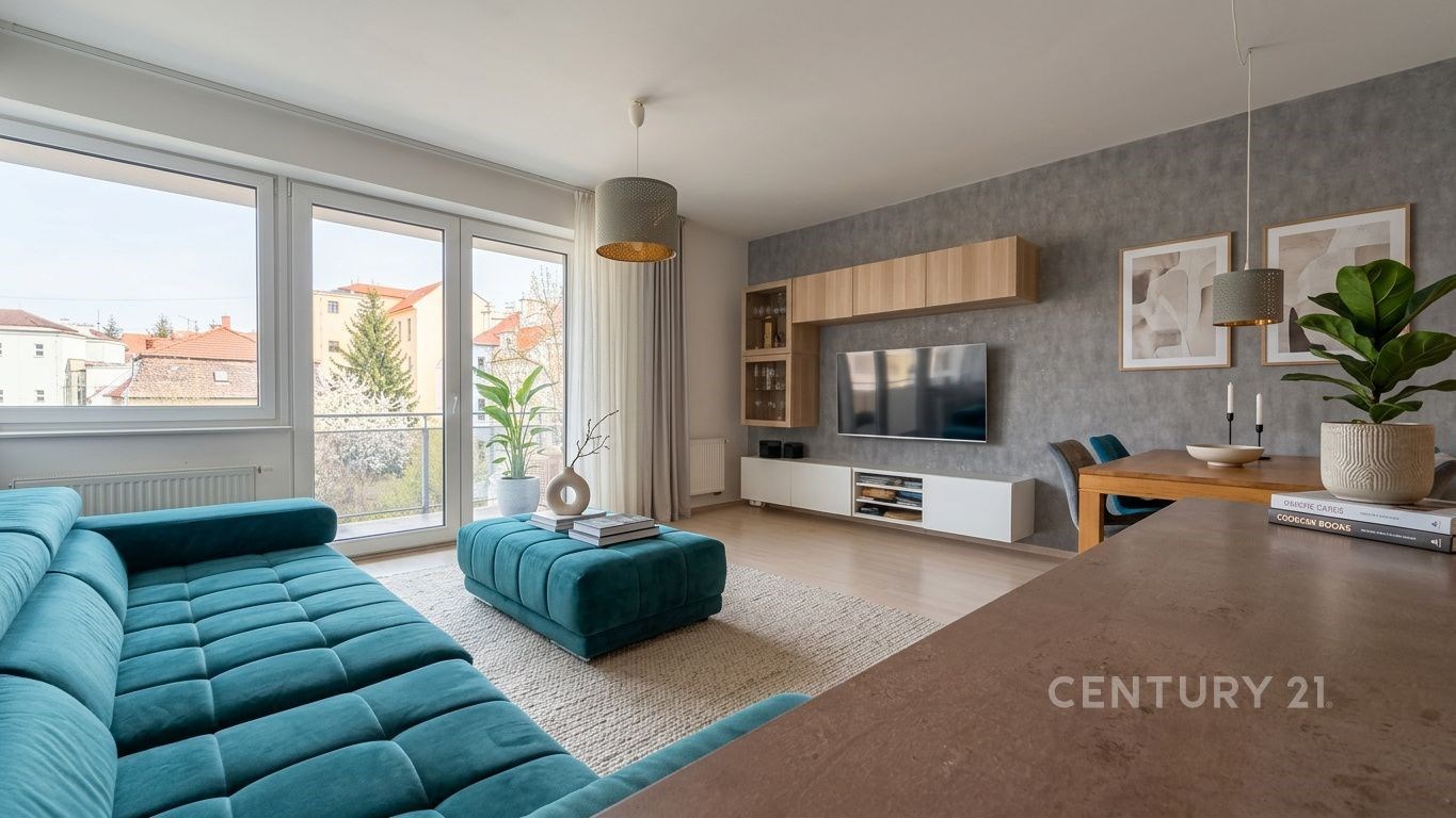 Světlý obývací pokoj s velkými okny, moderní parke