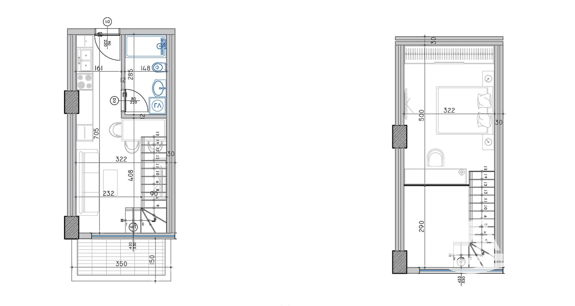 Půdorys jednotky – přízemí a galerie (výkres developera)