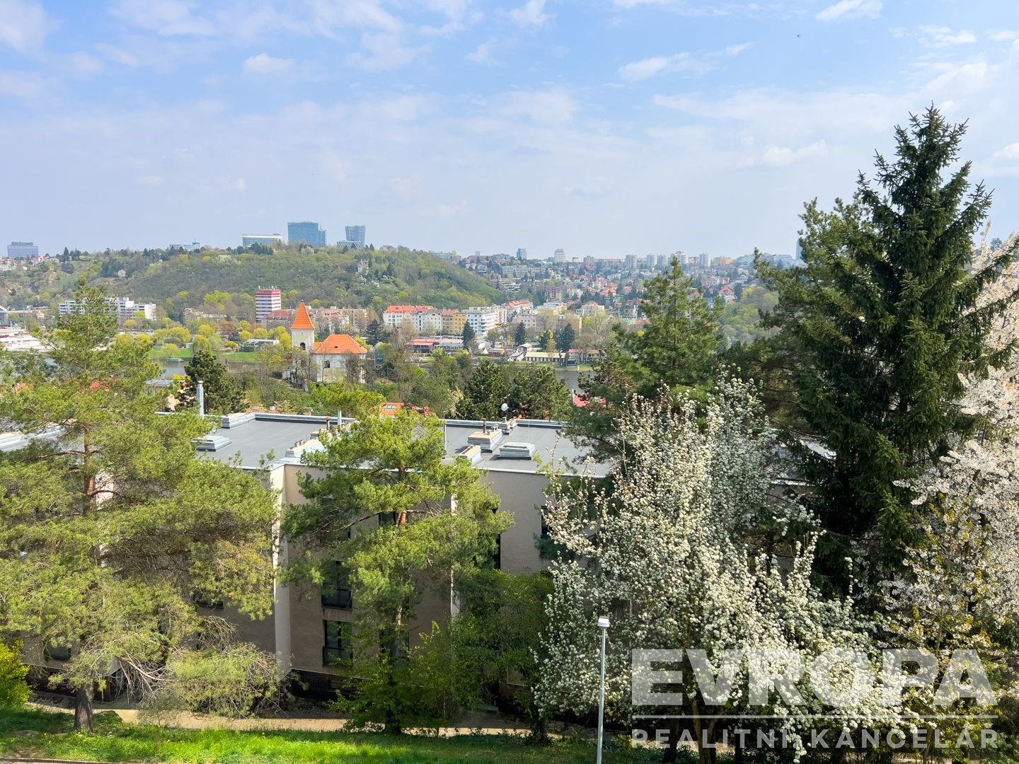 Výhled na okolí s rozmanitou zelení, moderní budov