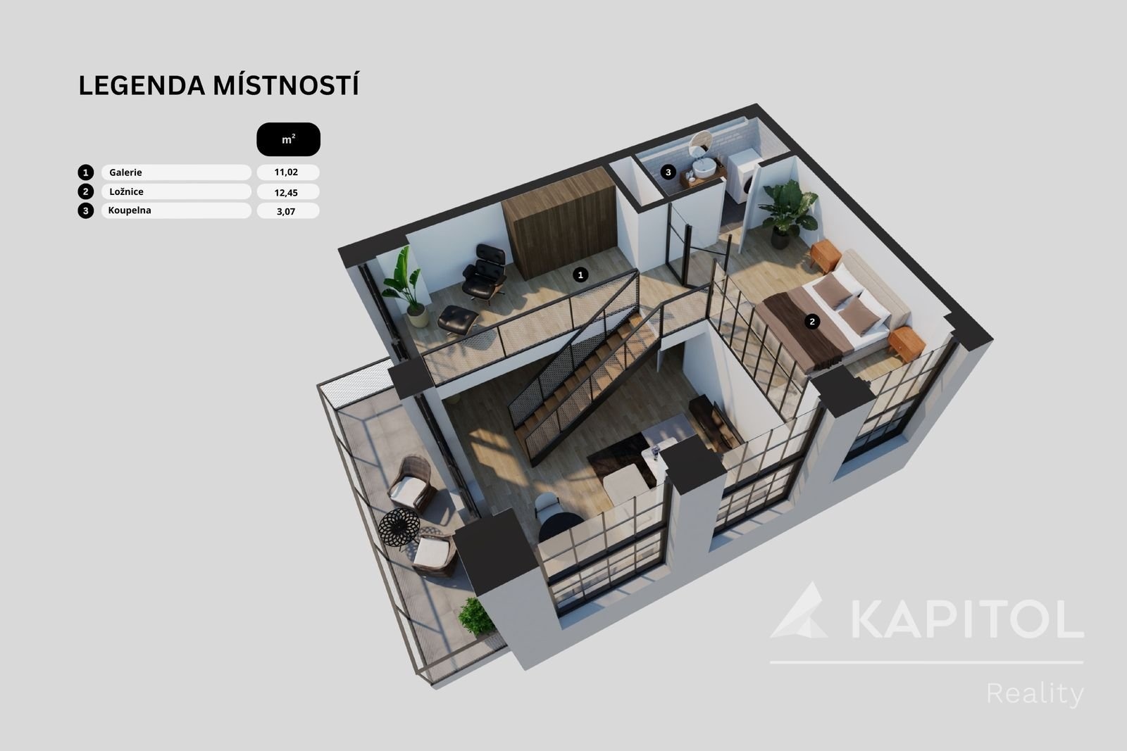 3D půdorys vrchní části bytu