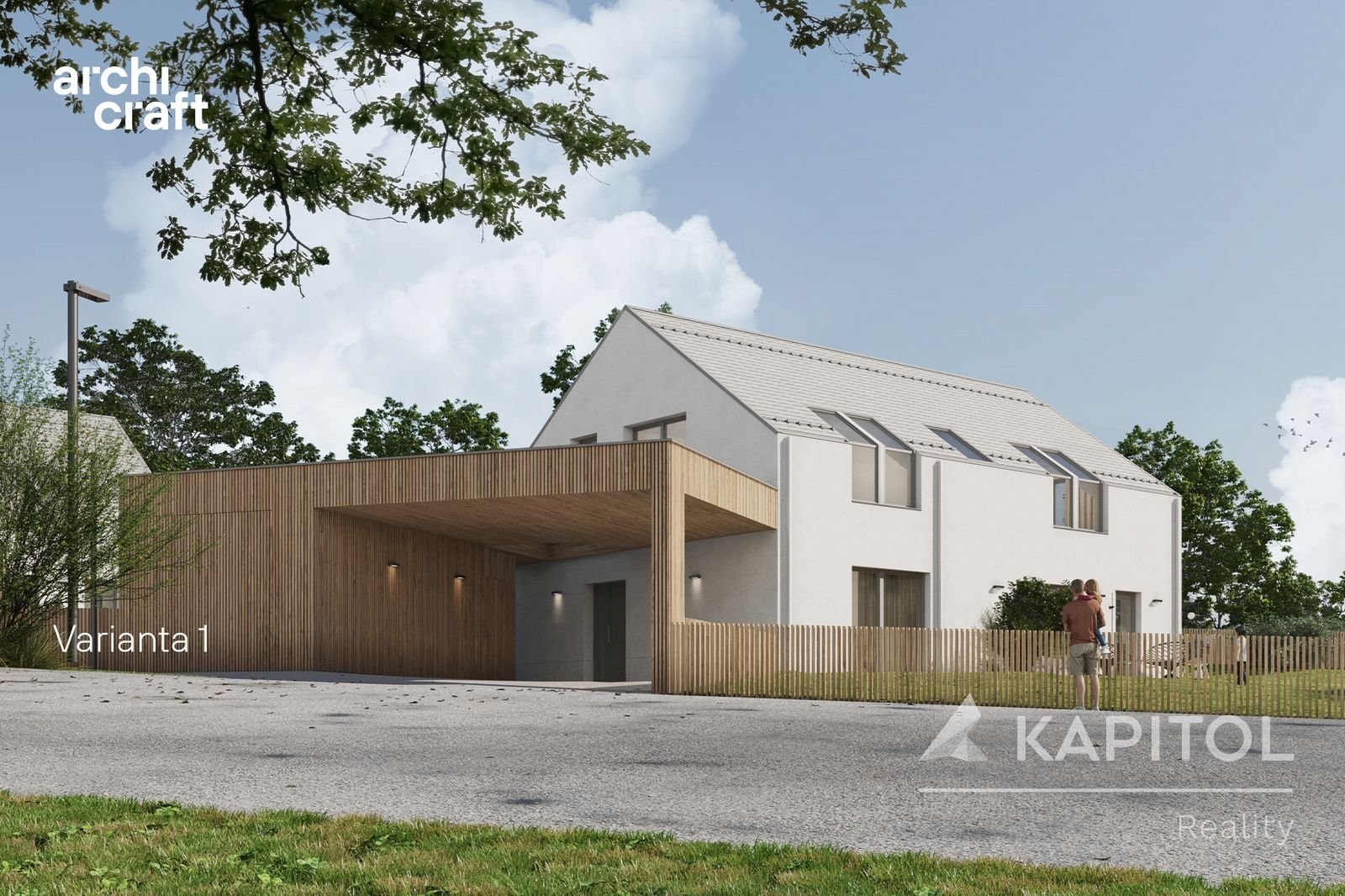 Krhanice - Rodinný dům, pohled z ulice Varianta 1, vizualizace