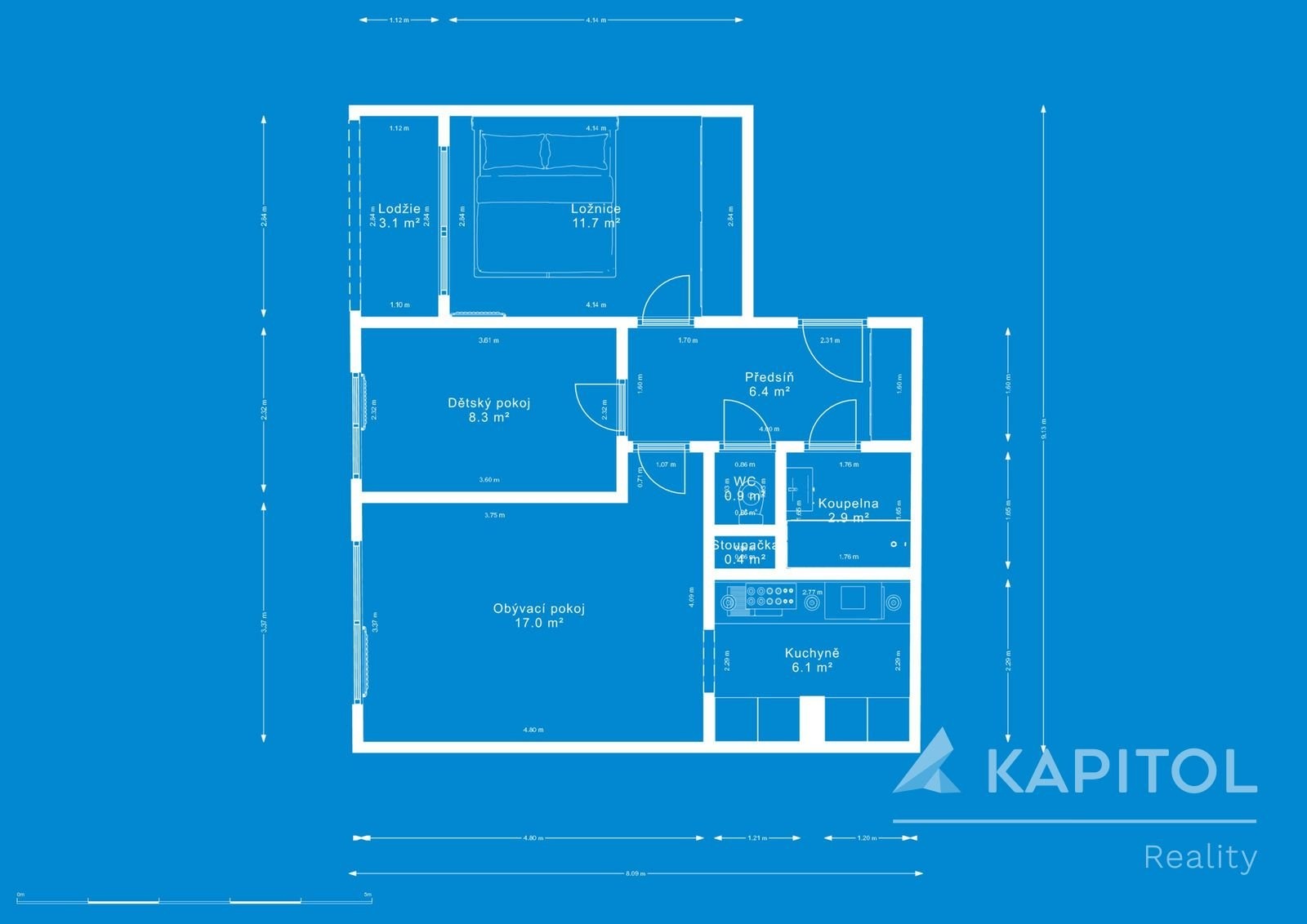 Půdorys bytu 3+kk 57 m&sup2;