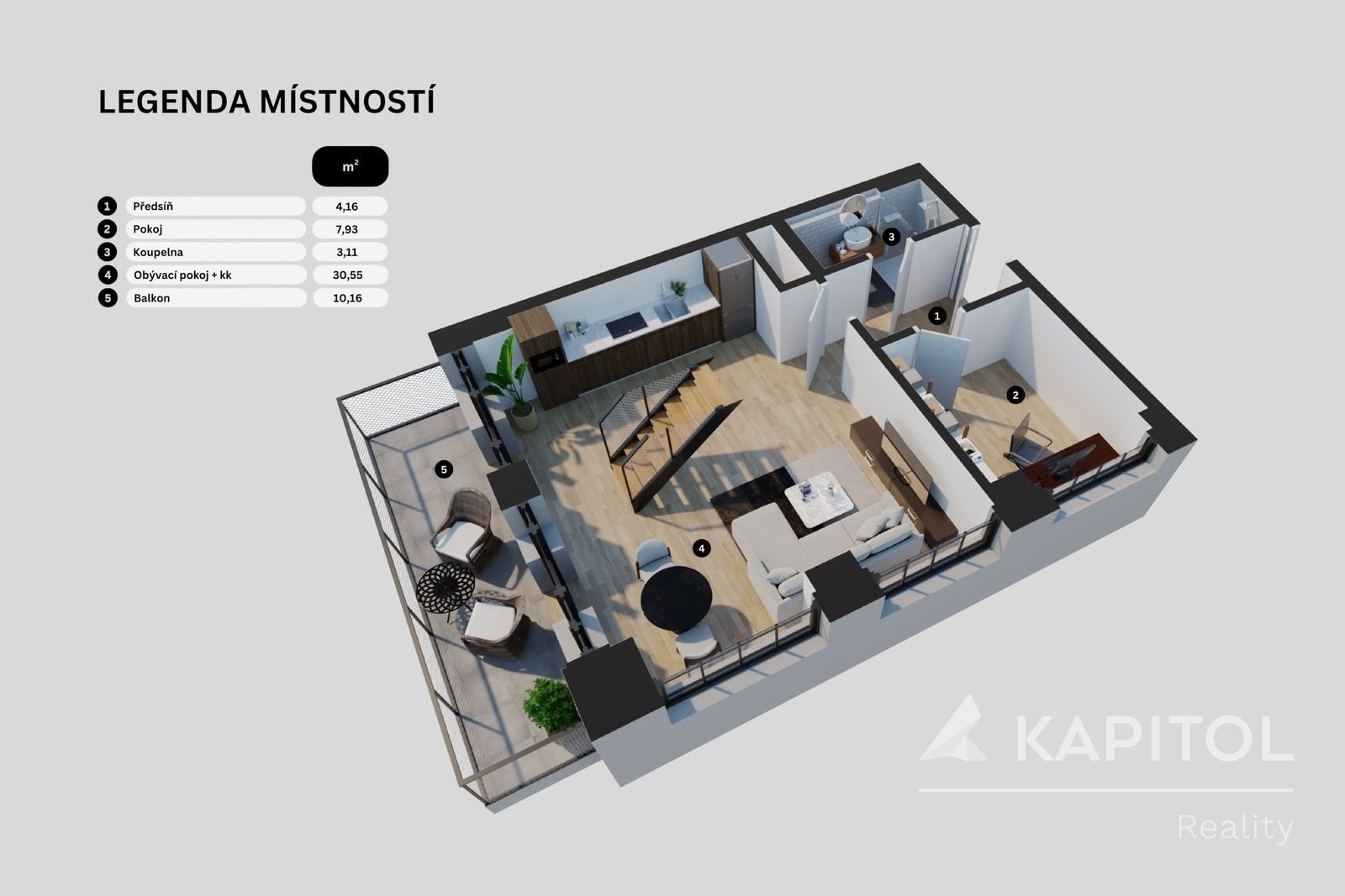 3D půdorys spodní části bytu