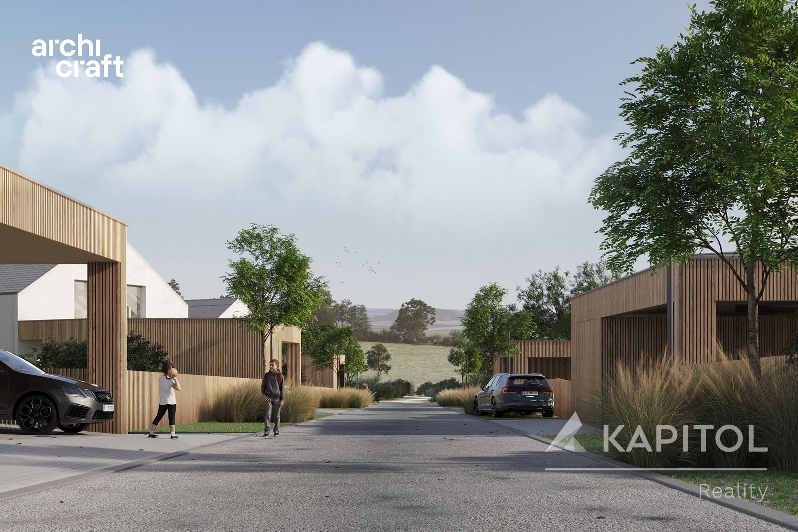 Krhanice - Rodinné domy, pohled z ulice, vizualizace