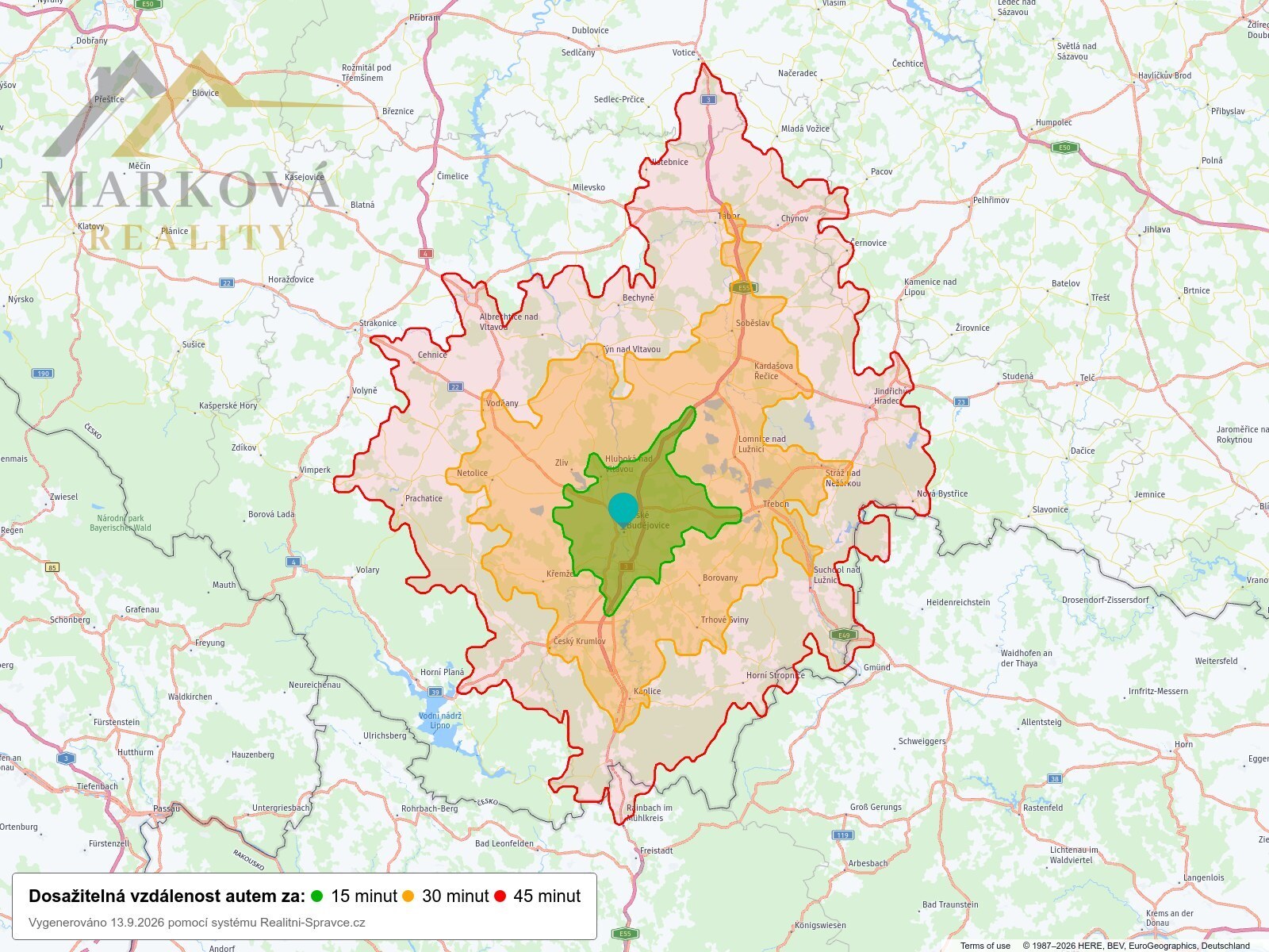 Dosažitelná vzdálenost: auto