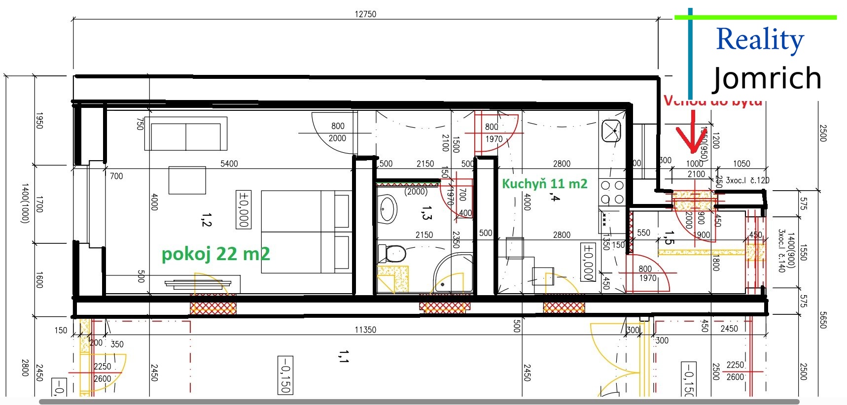 Plánek bytu 1+1 Žitavská 150, Chrastava.