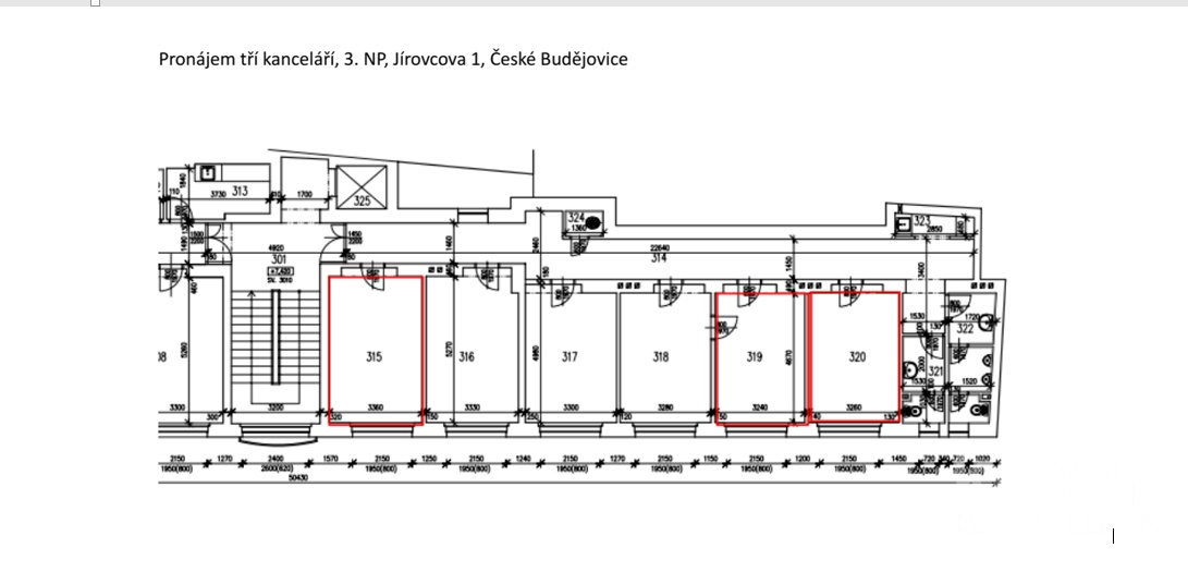Půdorys 3.NP se zakresleným umístěním kanceláří