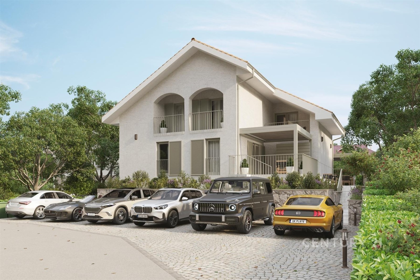Prvorepubliková vila s balkonem, moderní fasáda, obklopena udržovanou zahradou, příjezdová cesta s parkovištěm.