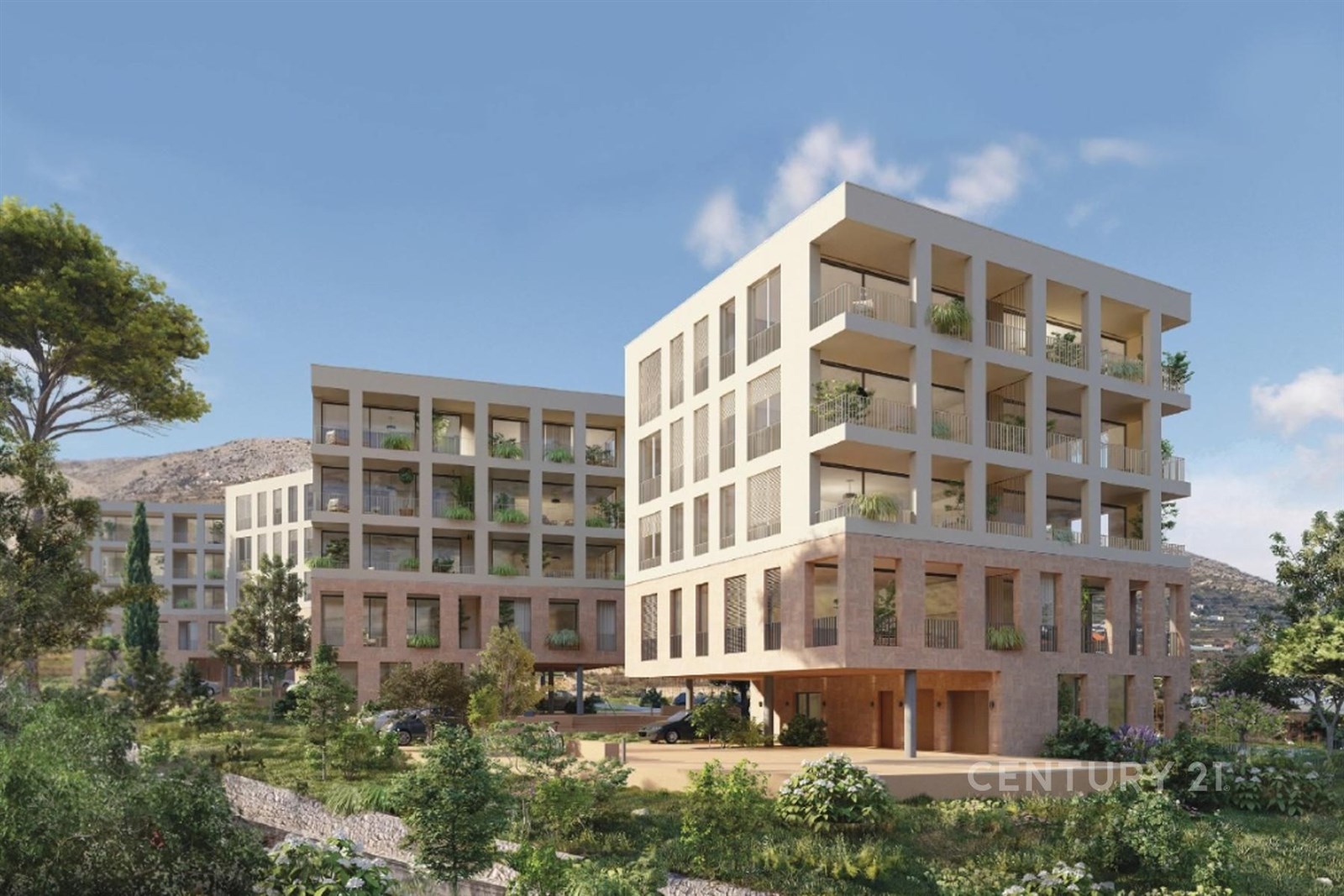 Moderní bytový komplex s velkými okny, terasami a zelení v okolí, nabízí moderní bydlení s parkovou úpravou a kvalitním materiálem stavby