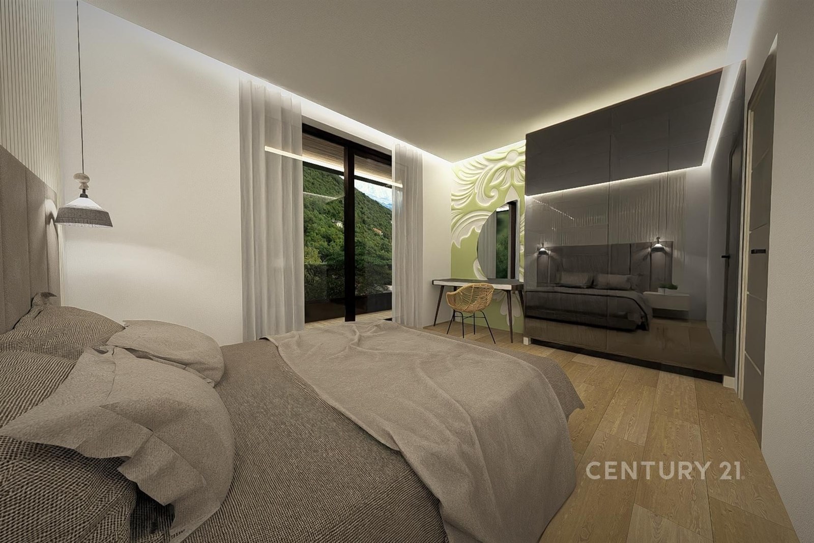 Moderní ložnice s parketovou podlahou, vestavěnými skříněmi a velkými okny; elegantní a světlý prostor ideální pro klidný odpočinek