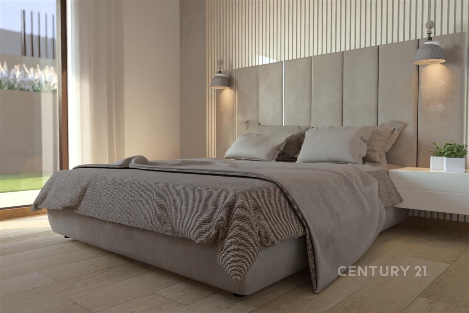 Prostorná ložnice s moderním designem, parketová podlaha, velká okna, vestavěné skříně, světlé tóny dřeva, elegantní osvětlení.