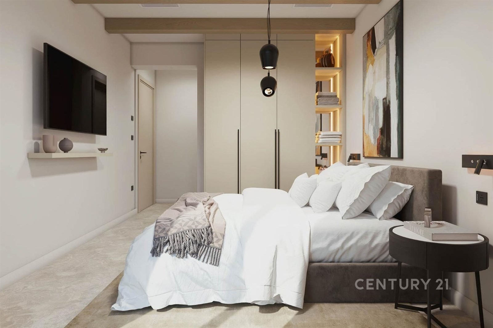 Moderní ložnice s vestavěnými skříněmi, světlými s