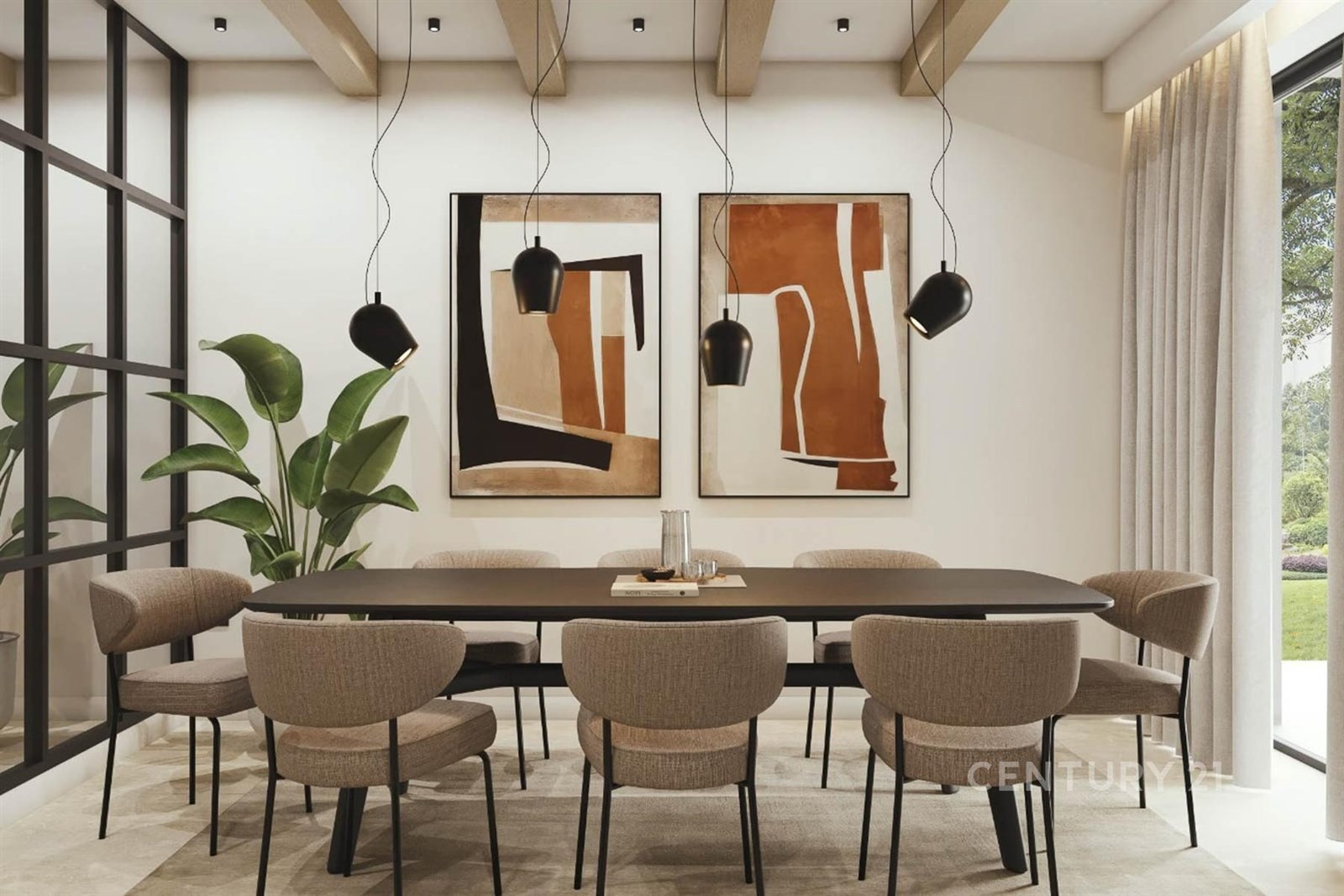 Moderní jídelna s velkými okny, designové osvětlen