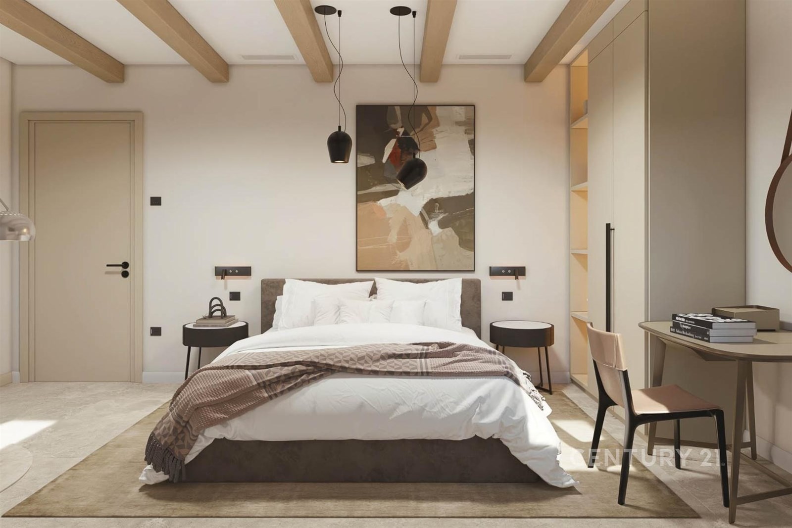 Prostorná ložnice, moderní styl, světlé stěny, dře