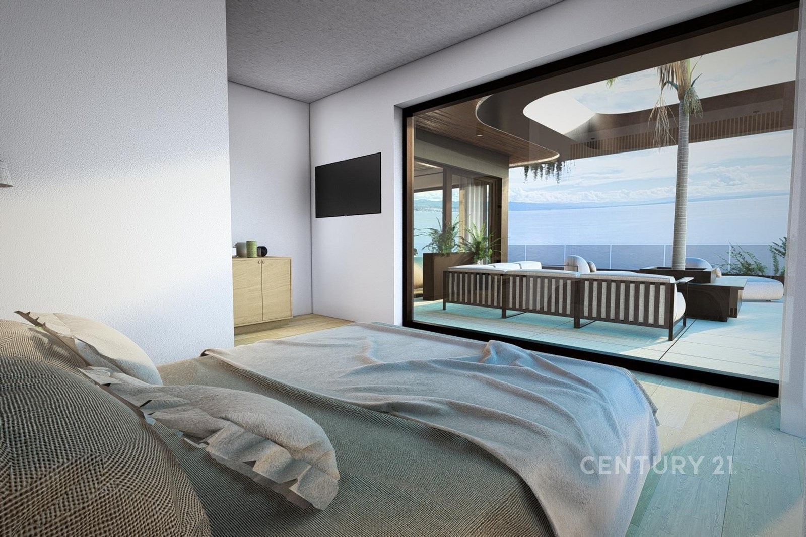 Prostorná ložnice s parketovou podlahou, velká okna s výhledem na terasu, moderní nábytek, světlý interiér, přístup na balkon.